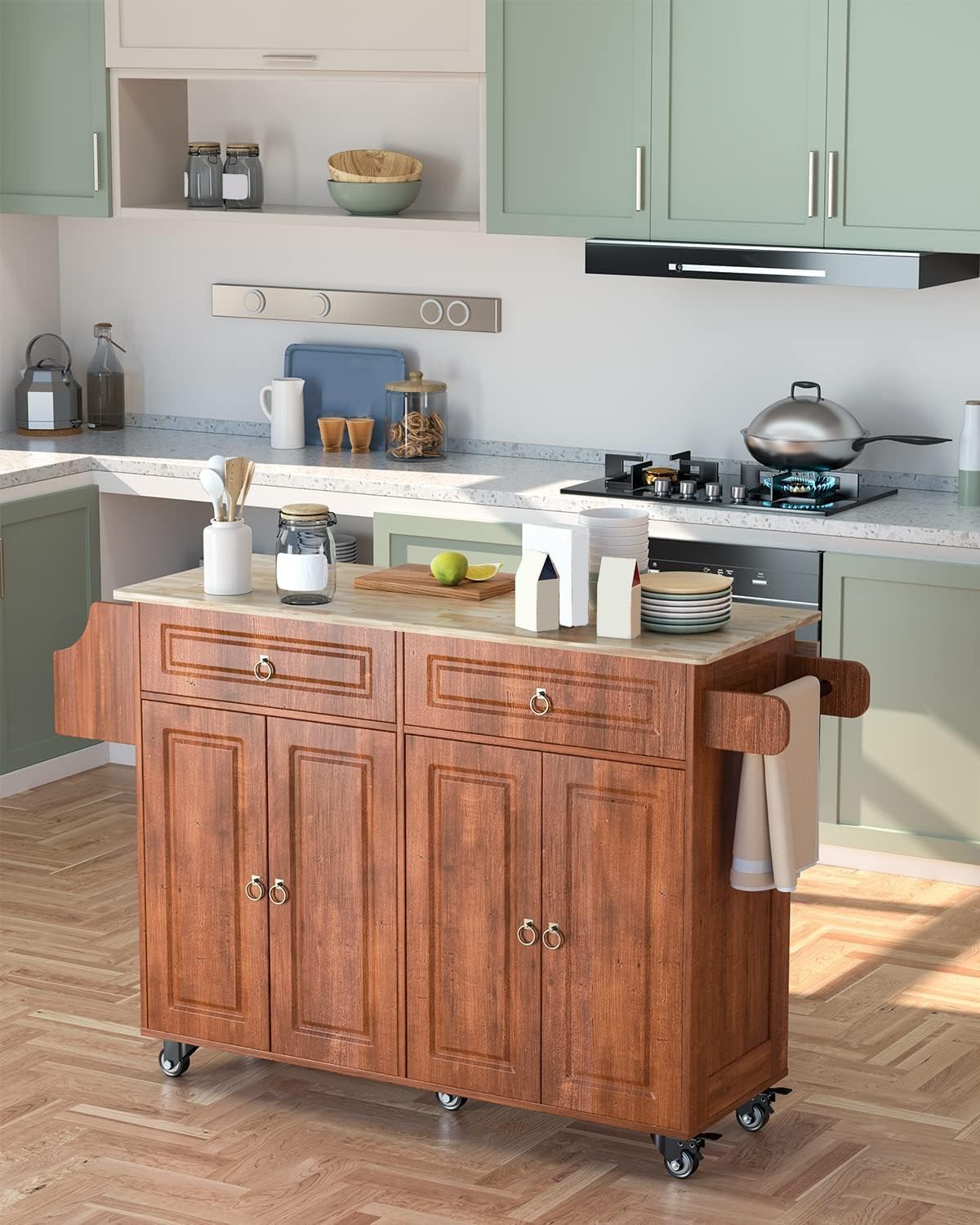 Qsun Kitchen Island with Drop Leaf and Storage, on Wheels Two Drawers, Large Storage Cabinet, Towel Rack Spice Cart Brown