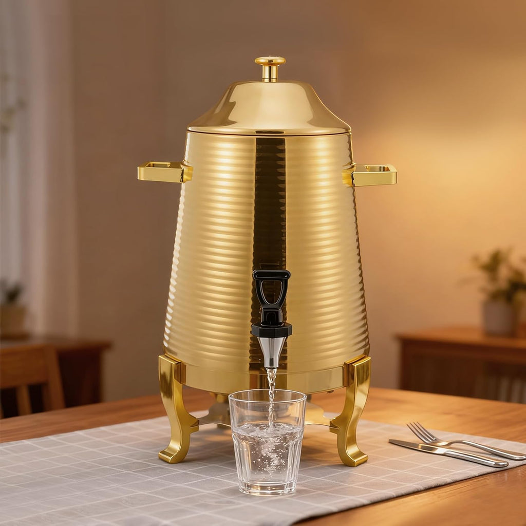 13L Stainless Steel Beverage Dispenser with Stand, Dual Heating Hot Drink Dispenser with Temperature Control, Electric & Alcohol Heating Juice Container for Hot or Cold Drinks, or Catering Use,Gold