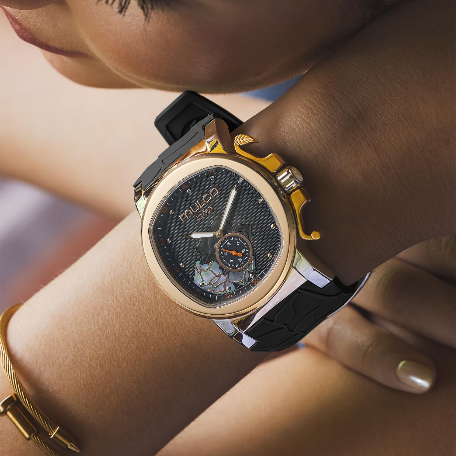 MULCO Le Fleur Gardenia Women's Watch – 43 mm Stainless-Steel Case, Rose-Gold Bezel, Mother-of-Pearl Dial with Crystal Accents, Pure Silicone Strap, Quartz Multifunction Movement, 10 ATM Waterproof
