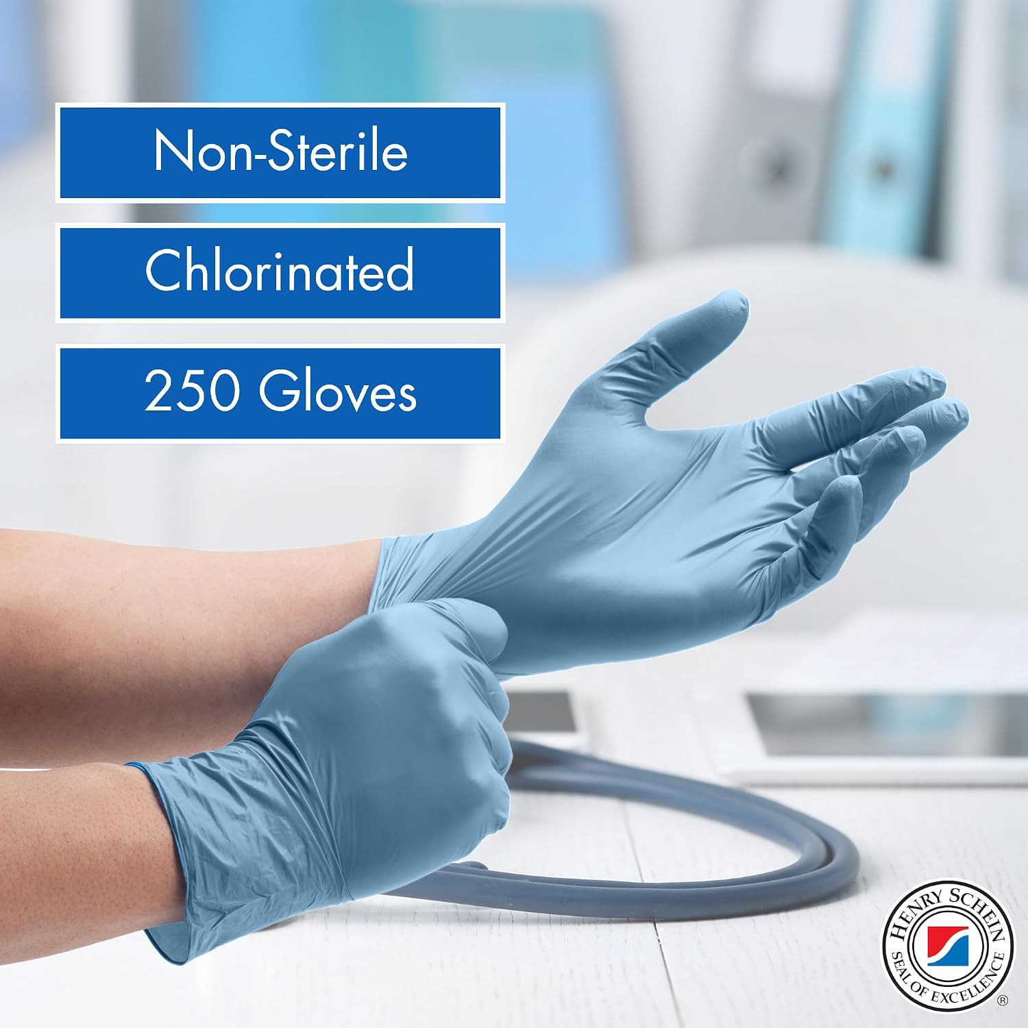 Henry Schein Criterion N300 Nitrile Exam Gloves, Ice Blue – Chemo Tested, Latex-Free, Chlorinated, 2.76 Mil, Non-Sterile