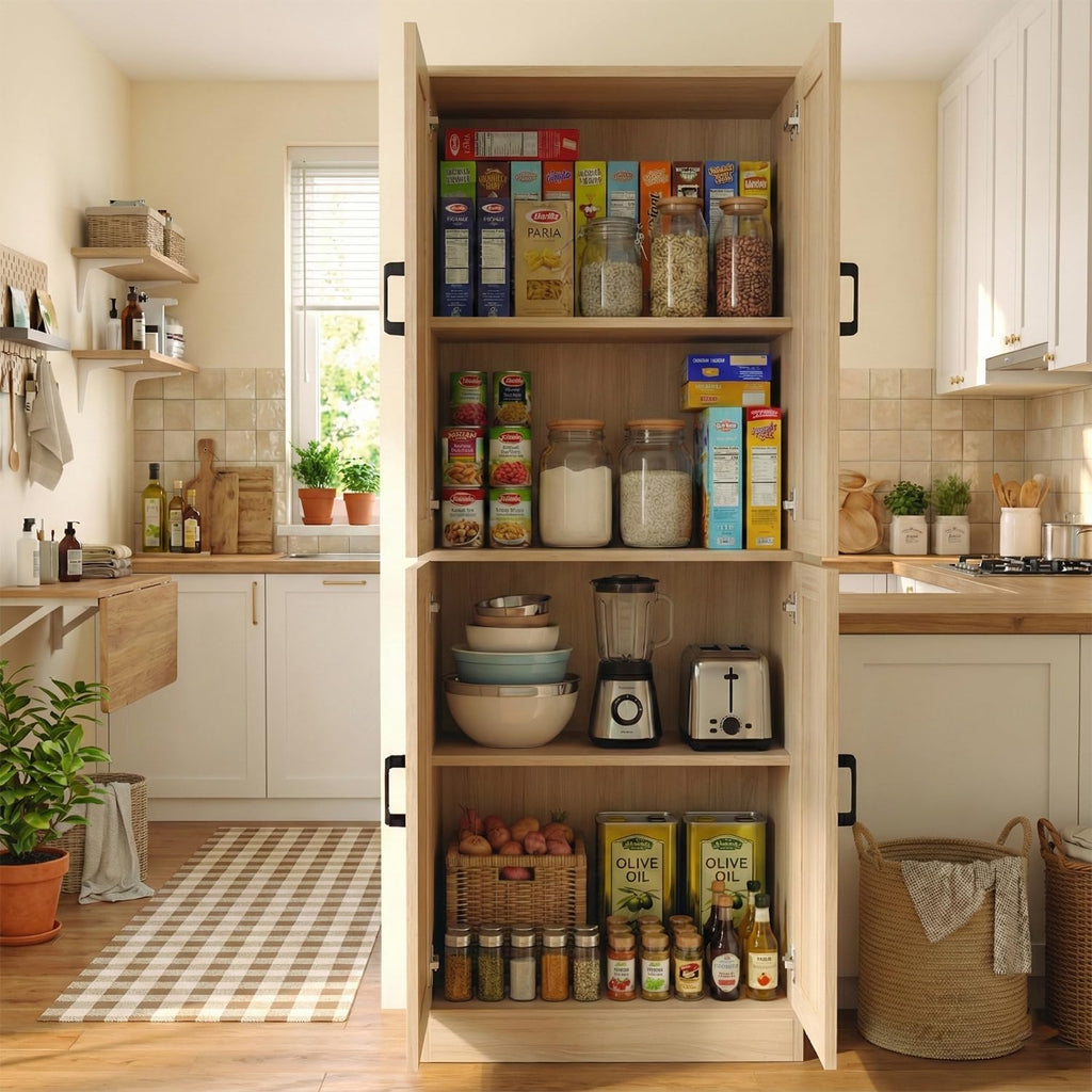 DIYART 71' Tall Kitchen Pantry Cabinet, Freestanding Food Storage Organizer with Doors & Adjustable Shelves, Large Utility Hutch Cupboard for Dining Room, Kitchen & Home Office, Oak
