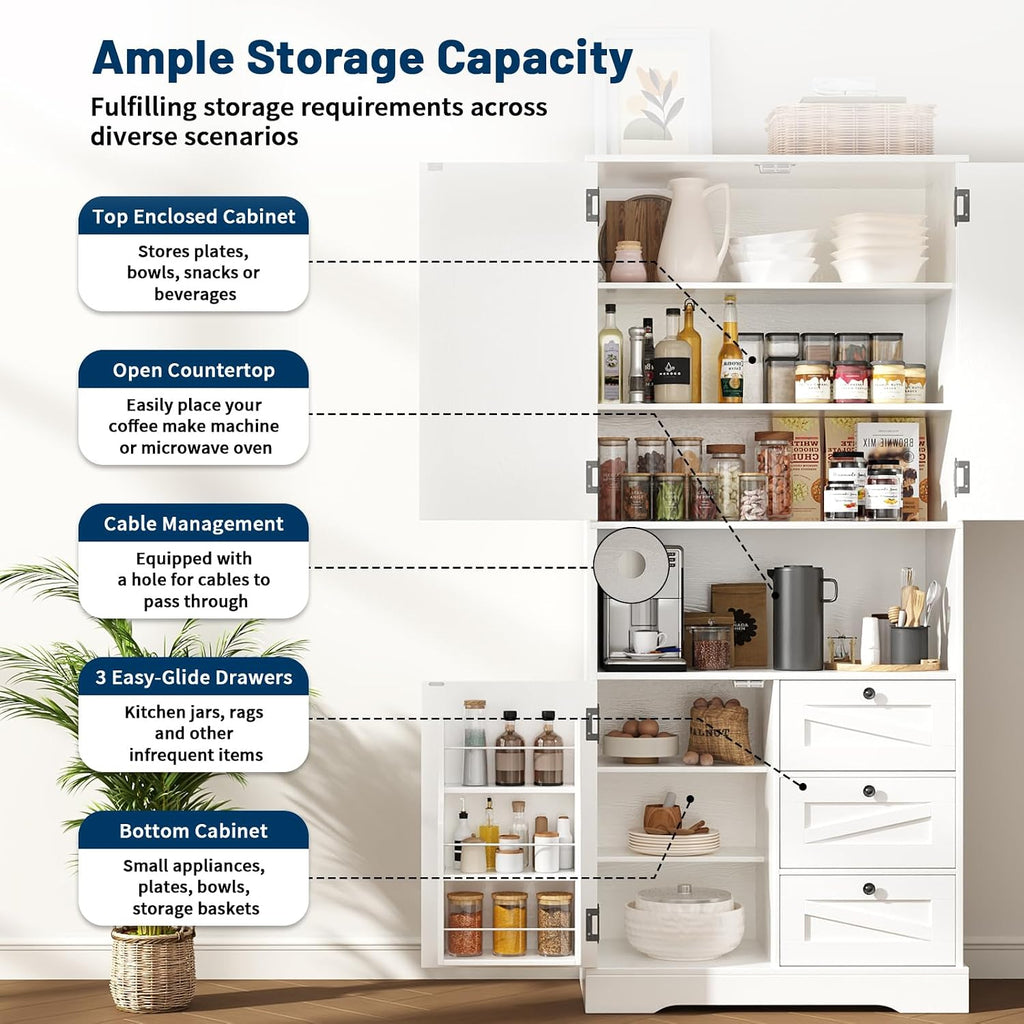 Farmhouse 71 Inch Kitchen Pantry Cabinet, Storage Cabinet with 3 Door Shelves and 3 Drawer, Versatile Storage for Kitchen, Dining Room, Living Room, White Wood Grain