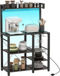 Rack with Power Outlet and LED Lights, Bakers Racks for Kitchens with Storage, Industrial Microwave Stand with Glass Holders, Metal Basket, Multiple Shelves, Gray