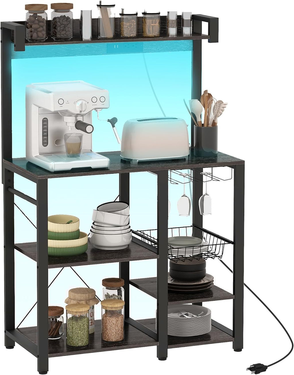 Rack with Power Outlet and LED Lights, Bakers Racks for Kitchens with Storage, Industrial Microwave Stand with Glass Holders, Metal Basket, Multiple Shelves, Gray