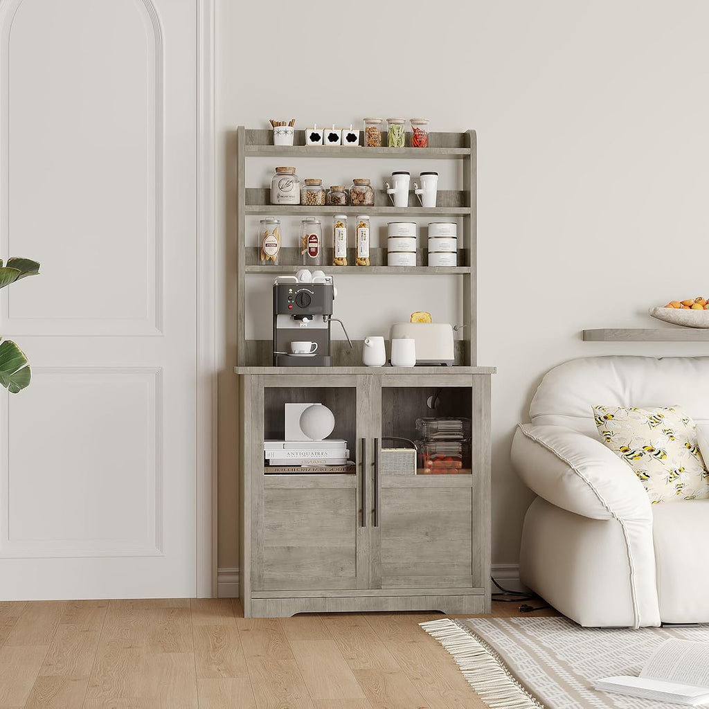 Microwave Stand Bakers Rack Cabinet with Power Outlet and Thickened Counter, Freestanding Farmhouse Coffee Bar Cabinet, Tall Kitchen Pantry Hutch with Glass Doors for Dining Room