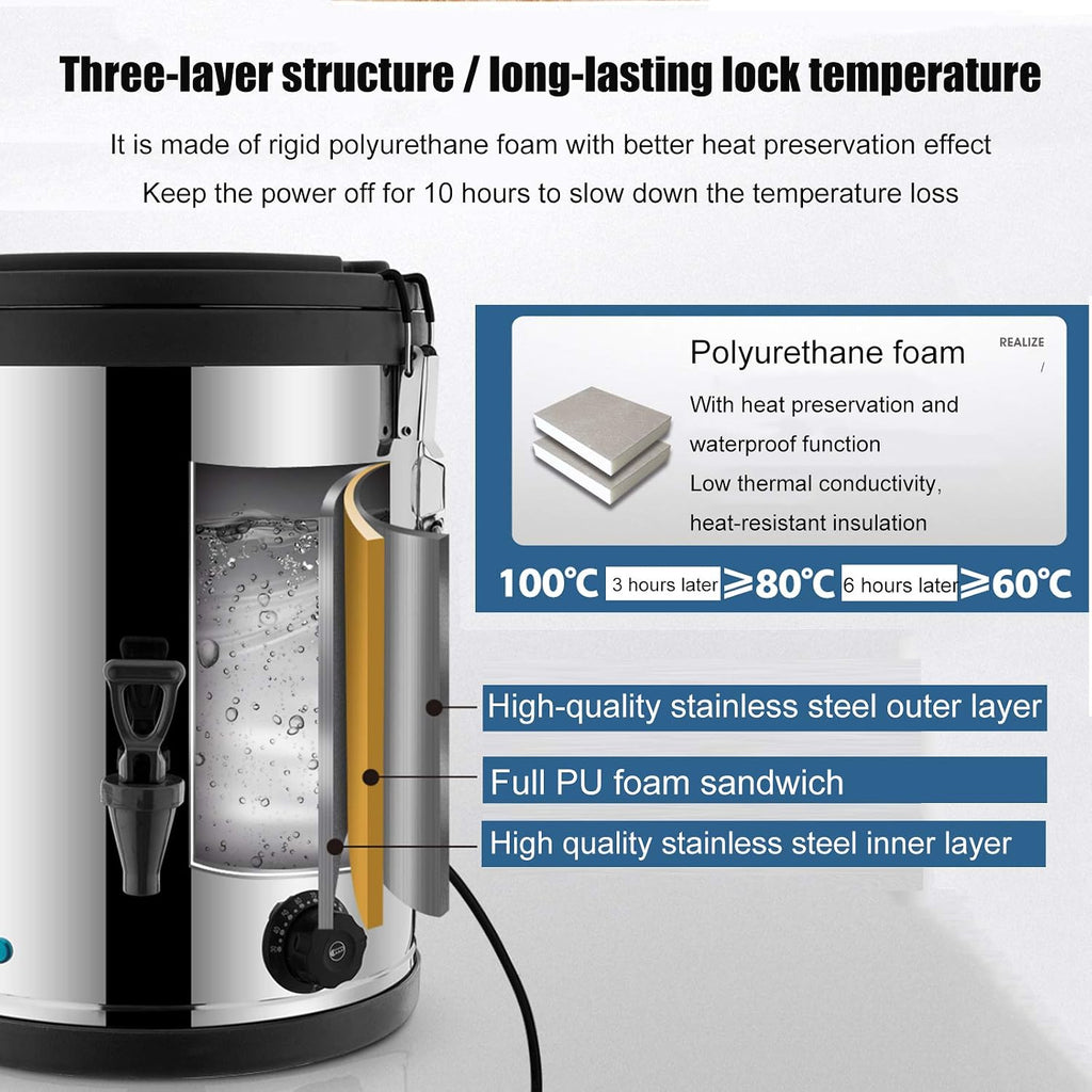Electric Hot Drink Dispenser - Double-Layer Stainless Steel Water Heater, Milk Coffee & Tea Urn with Tap for Office & Commercial Use, Catering Hot Water Boiler