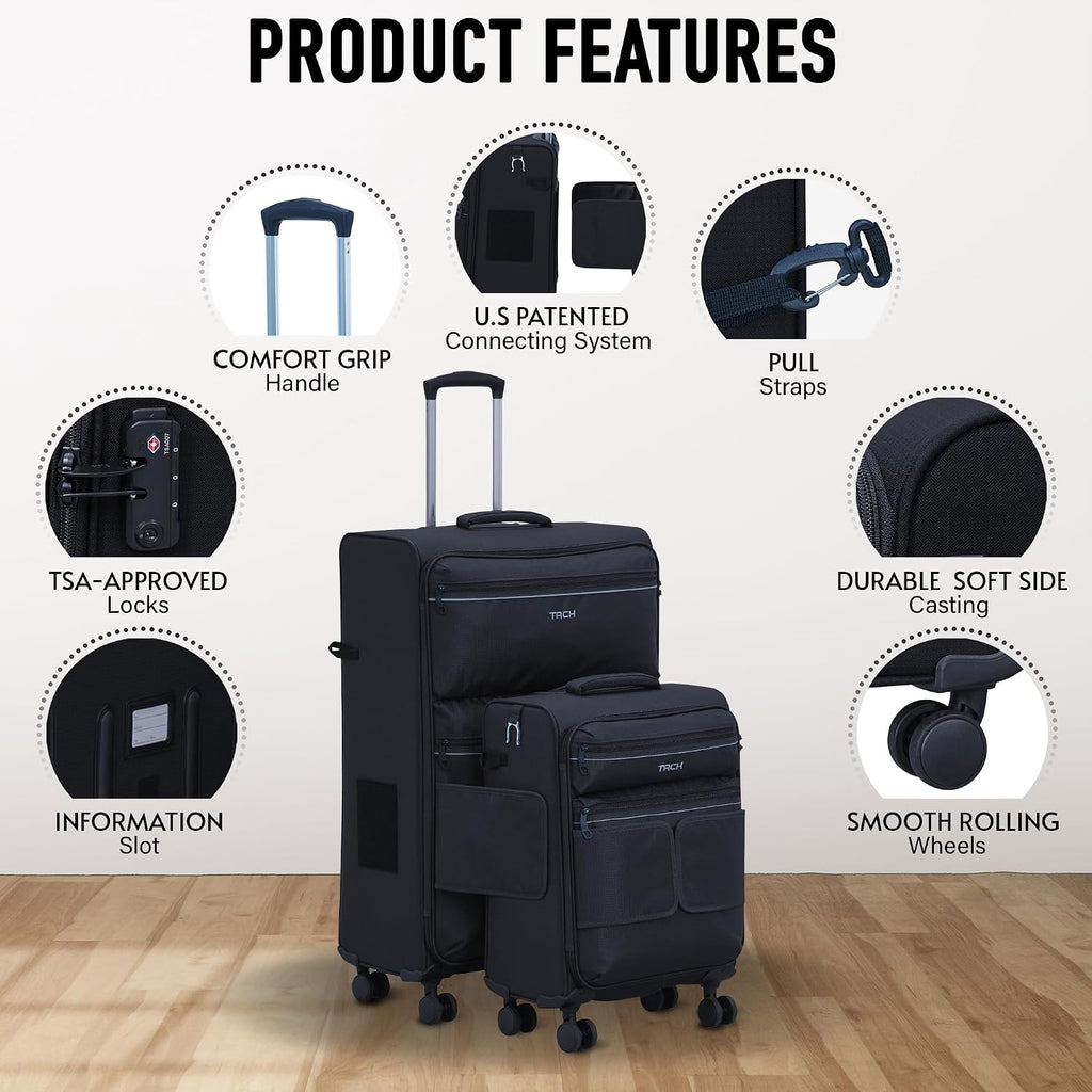 TACH LITE Samba Soft Connectable 2 Piece Luggage Sets - 20 & 28 inch Luggage | Small Carry On & Large Checked Suitcases | Patented Built-In Connecting System | Rolling Suitcase Links 6 Bags (Black)