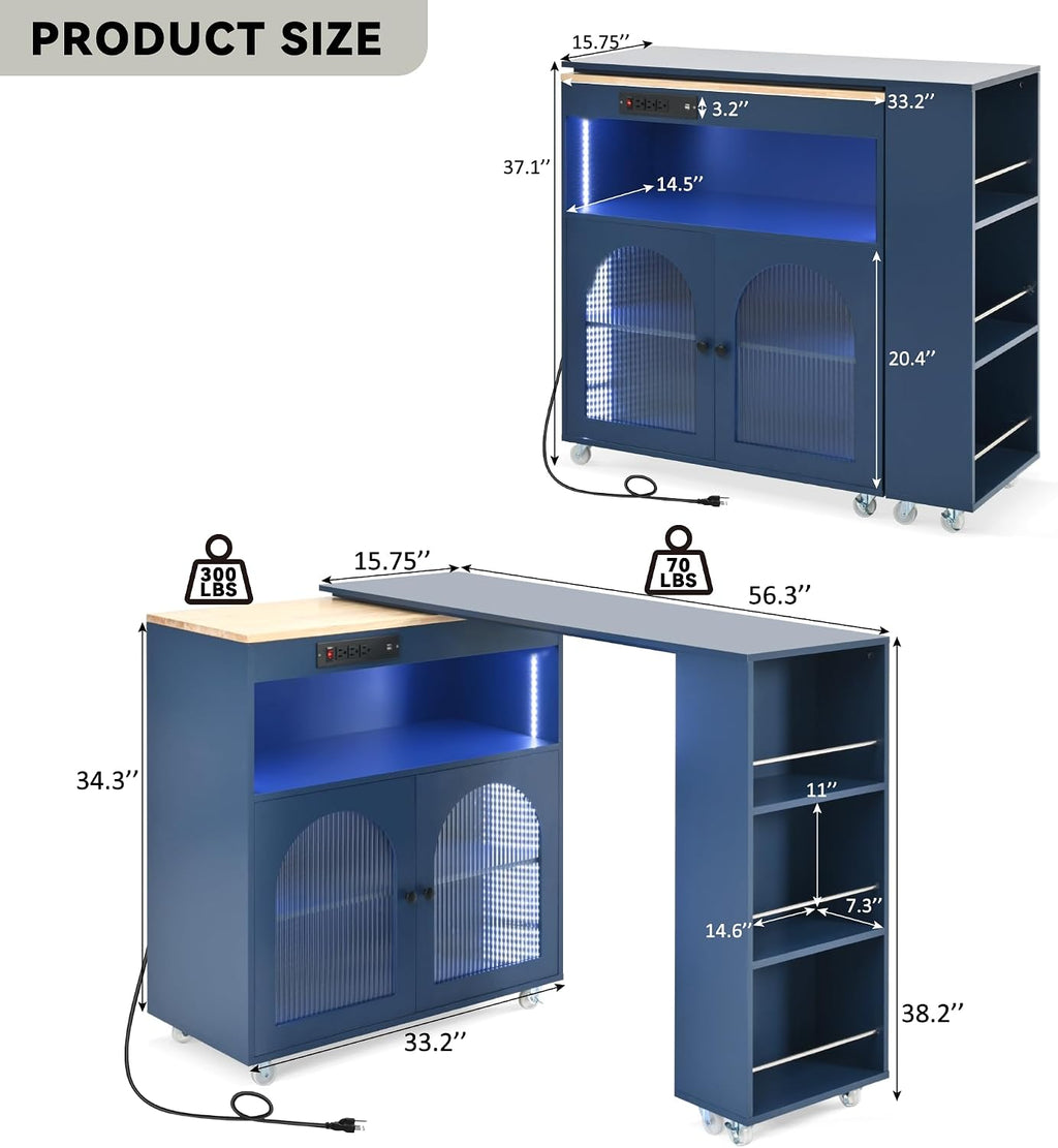 Rolling Kitchen Island W/Extended Table, Kitchen Island On Wheels with LED Lights,Power Outlets and 2 Fluted Glass Doors,Kitchen Island with a Storage Compartment&Side 3 Open Shelves ( Dark blue )