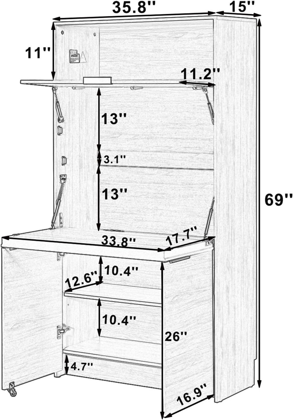 Farmhouse Pantry Cabinet with Foldable Workstation, 69' Tall Buffet with Hutch and Storage, Multifunctional Kitchen Cabinet with Adjustable Shelf and Power Outlet for Dining Room (White)