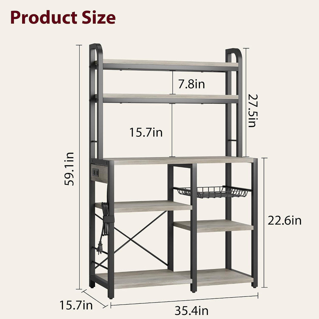 Bakers Rack with Power Outlet, 5-Tier Microwave Stand with Wire Basket, Coffee Bar Station, Kitchen Open Storage Shelves for Spices, Dishes, Gray