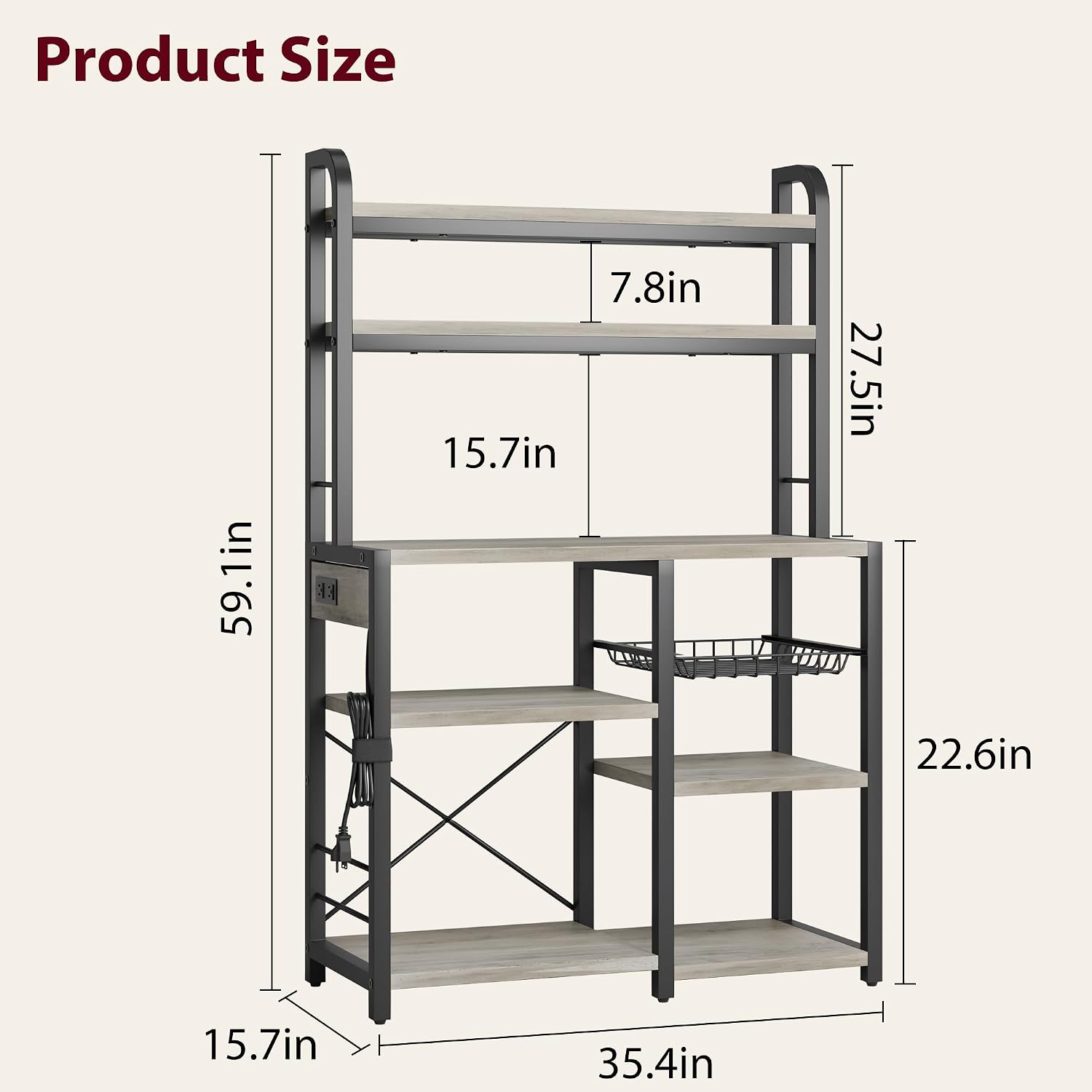 Bakers Rack with Power Outlet, 5-Tier Microwave Stand with Wire Basket, Coffee Bar Station, Kitchen Open Storage Shelves for Spices, Dishes, Gray