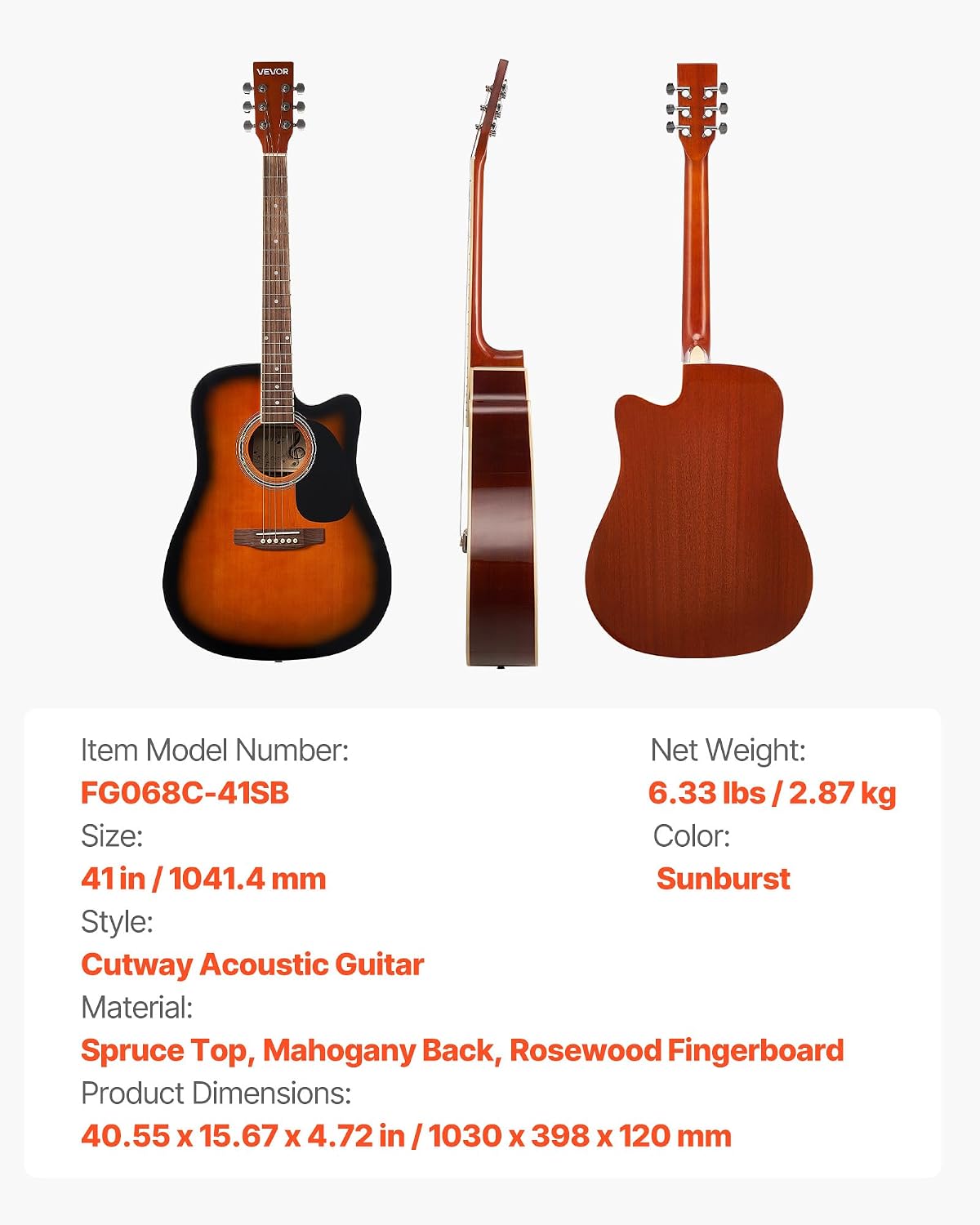 VEVOR 41 in Cutway Acoustic Guitar, 6-String, Sunburst Solid Spruce Top Guitar, Beginner Bundle with Gig Bag, Tuner, Strap, Steel Strings, Picks, Capo, Rosewood Fingerboard, for Fingerstyle Solo Jazz