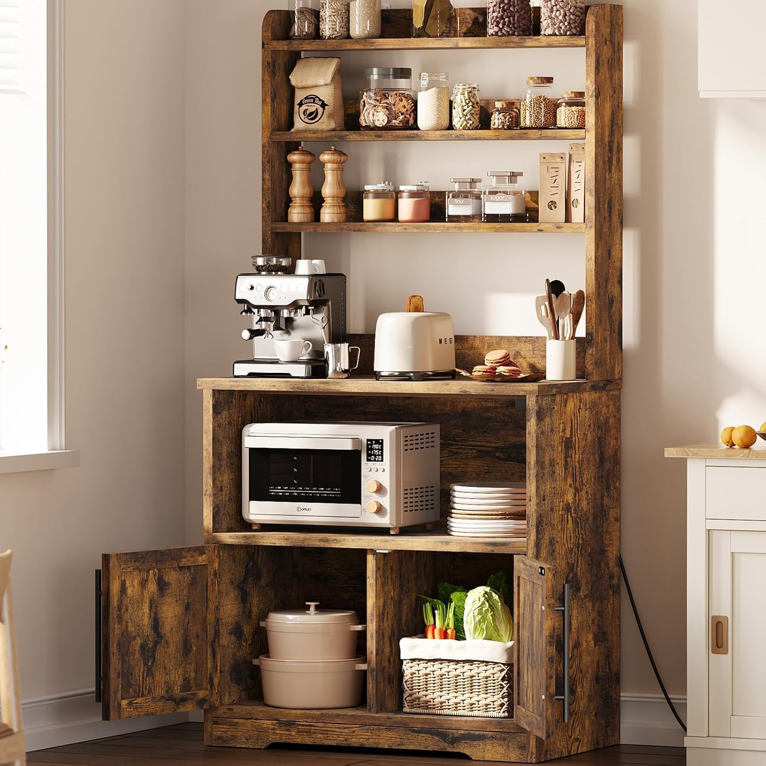 GAOMON Farmhouse Bakers Rack with Storage Cabinet and Charging Station, Kitchen Hutch with Thickened Tabletop, Power Outlets & USB Ports, Pantry Organizer Shelf for Kitchen and Dining Room, Brown