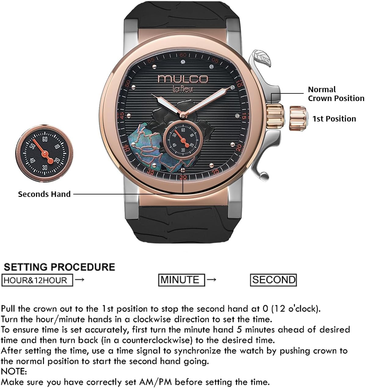 MULCO Le Fleur Gardenia Women's Watch – 43 mm Stainless-Steel Case, Rose-Gold Bezel, Mother-of-Pearl Dial with Crystal Accents, Pure Silicone Strap, Quartz Multifunction Movement, 10 ATM Waterproof