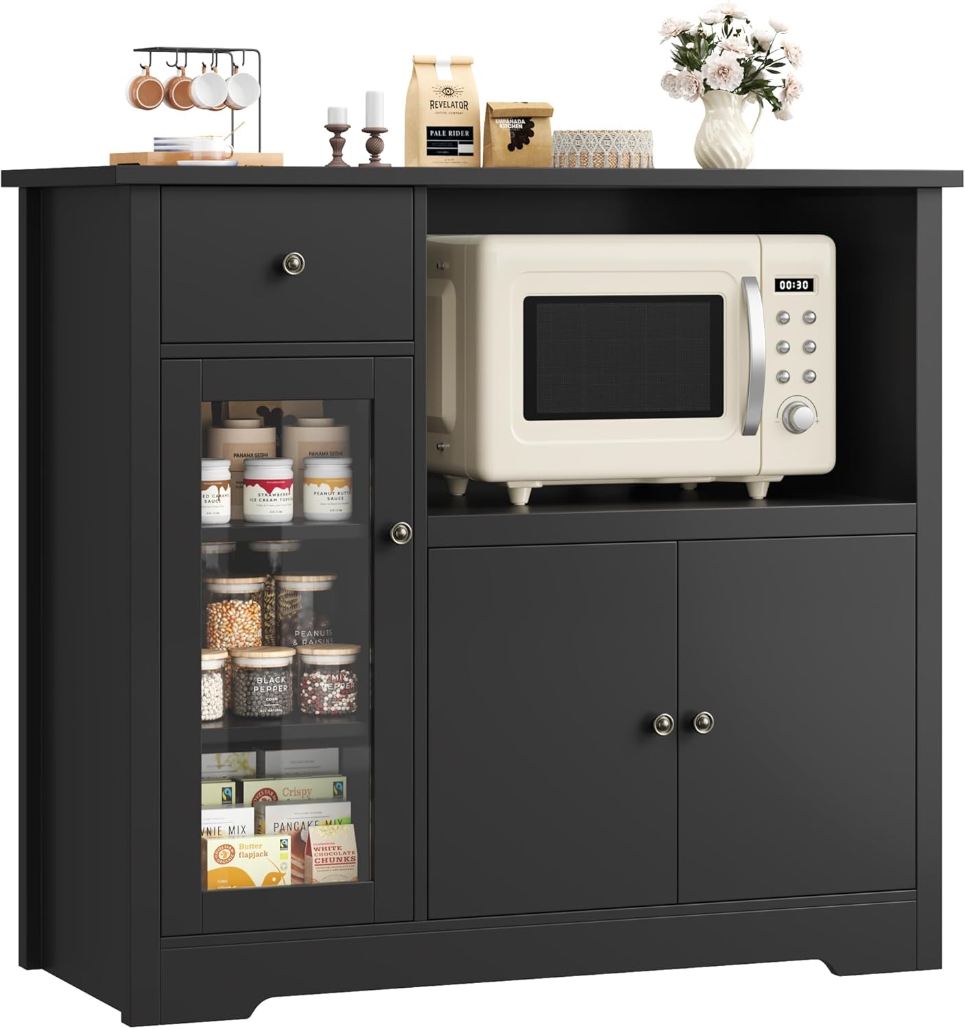 HORSTORS Microwave Cabinet, Kitchen Storage Cabinet with 3 Doors and 1 Drawer, Buffet Sideboard with Adjustable Shelves, Microwave Stand for Kitchen, Dining Room, Black