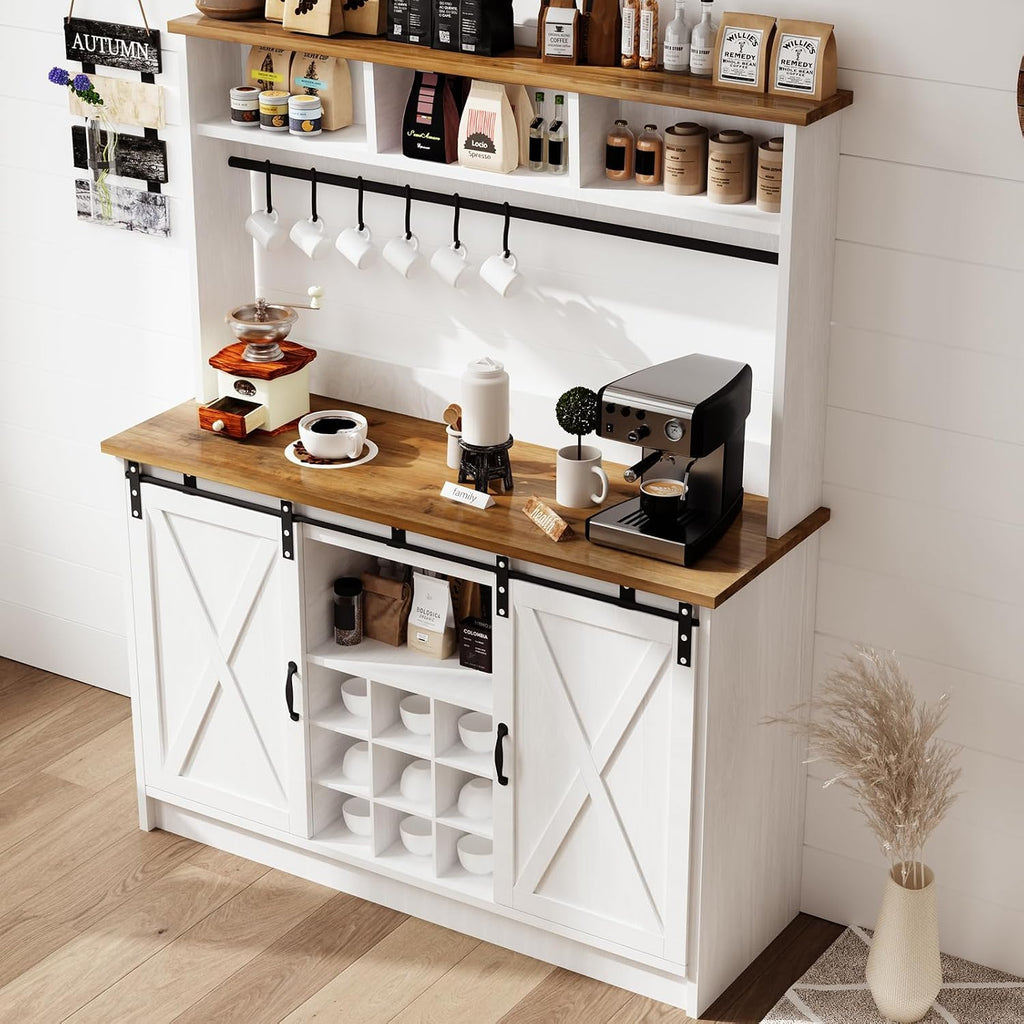 4ever2buy Farmhouse Coffee Bar Cabinet with Storage, 47' Coffee Bar with Storage Hutch & Barn Doors, Hutch Cabinet with 6 Hooks & 9 Wine Racks for Dining Room, Kitchen, White