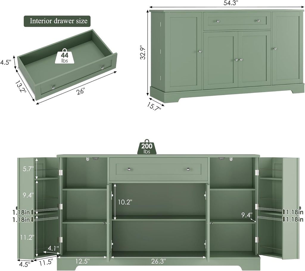 HITHOS 54' Buffet Cabinet with Storage, Modern Kitchen Buffet Sideboard with Drawer, Wood Coffee Bar Station with Adjustable Shelves, Kitchen Storage Cabinet for Living Room, Green