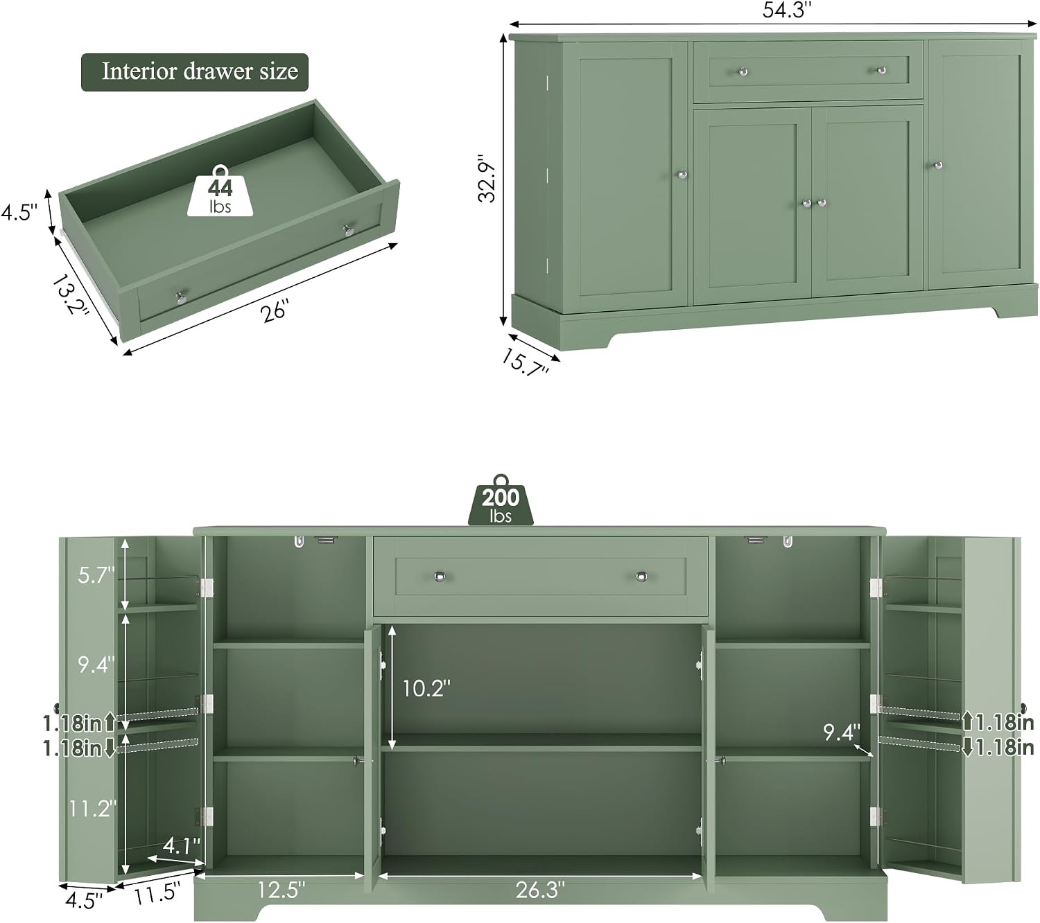 HITHOS 54' Buffet Cabinet with Storage, Modern Kitchen Buffet Sideboard with Drawer, Wood Coffee Bar Station with Adjustable Shelves, Kitchen Storage Cabinet for Living Room, Green