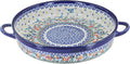Blue Rose Polish Pottery - Blue Garden of Eden Large Round Baker with Handles - 11' Diameter - Unique, Dishwasher Safe, & Durable Bakeware
