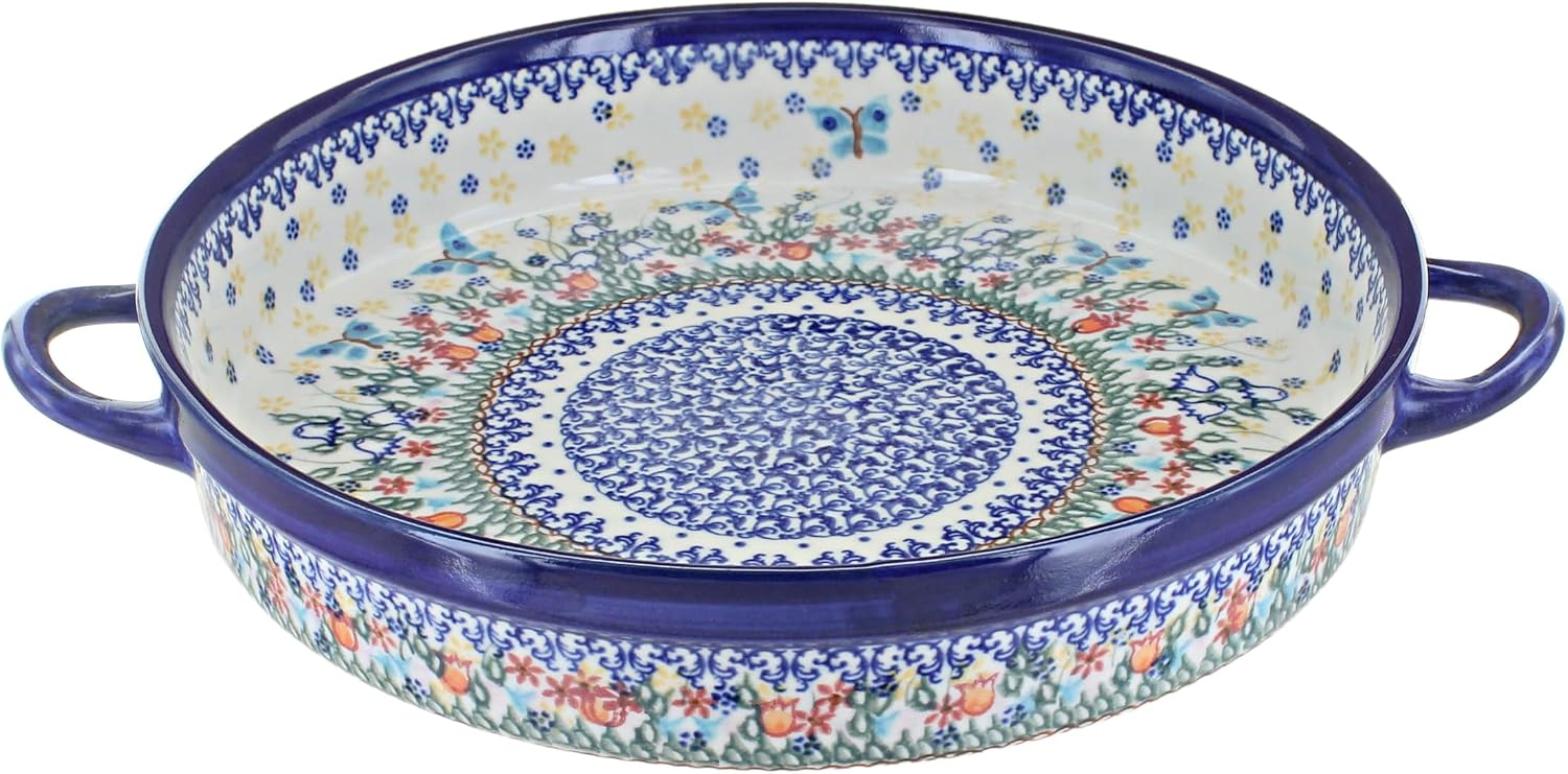 Blue Rose Polish Pottery - Blue Garden of Eden Large Round Baker with Handles - 11' Diameter - Unique, Dishwasher Safe, & Durable Bakeware