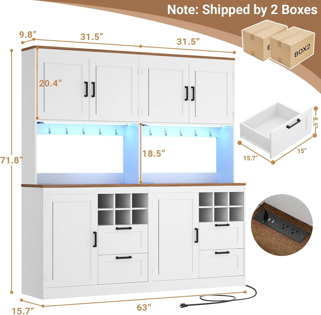 Unikito 72' Tall Pantry Cabinet, Kitchen Pantry Storage Cabinet with LED Light & Outlet, 63' Wide Kitchen Hutch Bar with Microwave Stand, Drawers, Wine Rack & Shelves, Cupboard for Dining Room, White