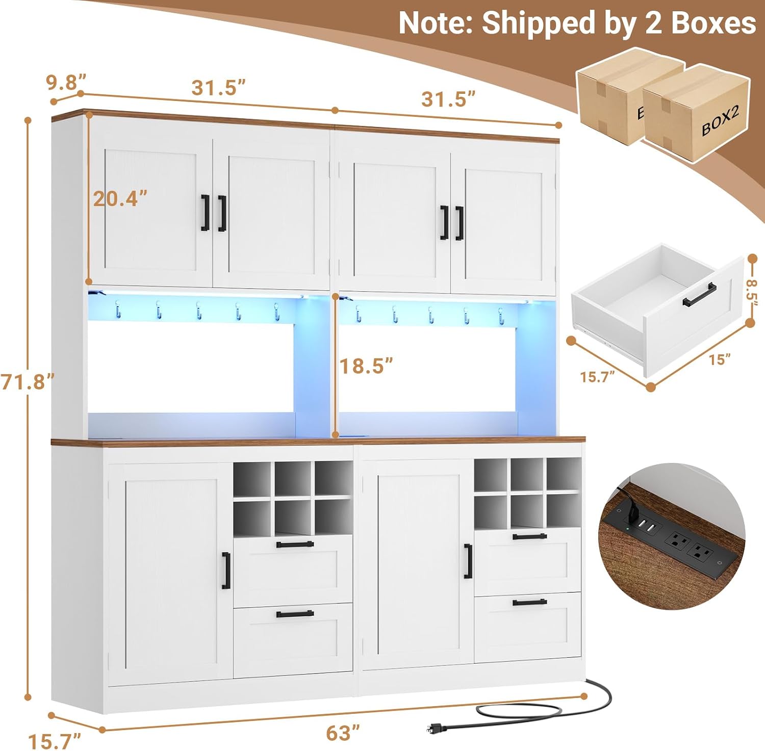Unikito 72' Tall Pantry Cabinet, Kitchen Pantry Storage Cabinet with LED Light & Outlet, 63' Wide Kitchen Hutch Bar with Microwave Stand, Drawers, Wine Rack & Shelves, Cupboard for Dining Room, White