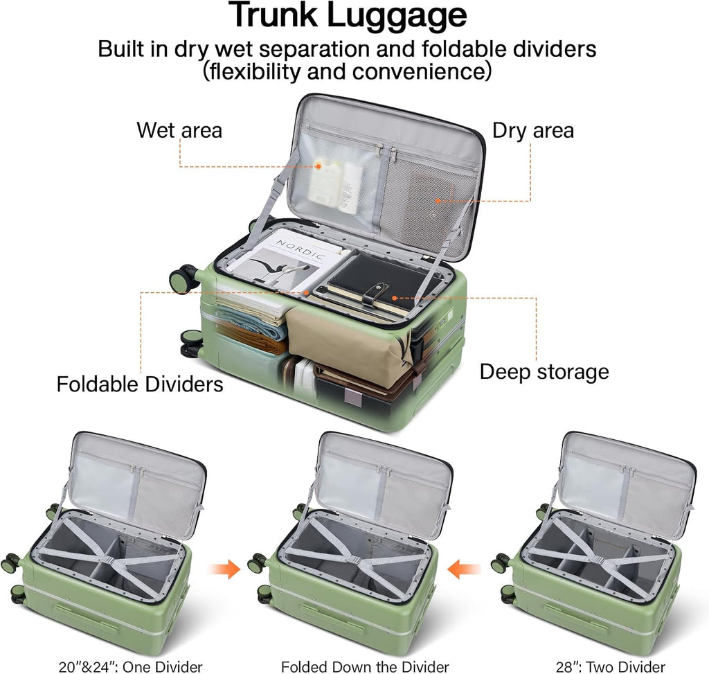 Hanke 24 Inch Checked Luggage with Cup Holder and USB Ports,Top Opening Hard Shell Suitcase with Wheels,Aluminum Frame Trunk Luggage with Foldable Dividers & TSA Lock for Travel, Bamboo Green