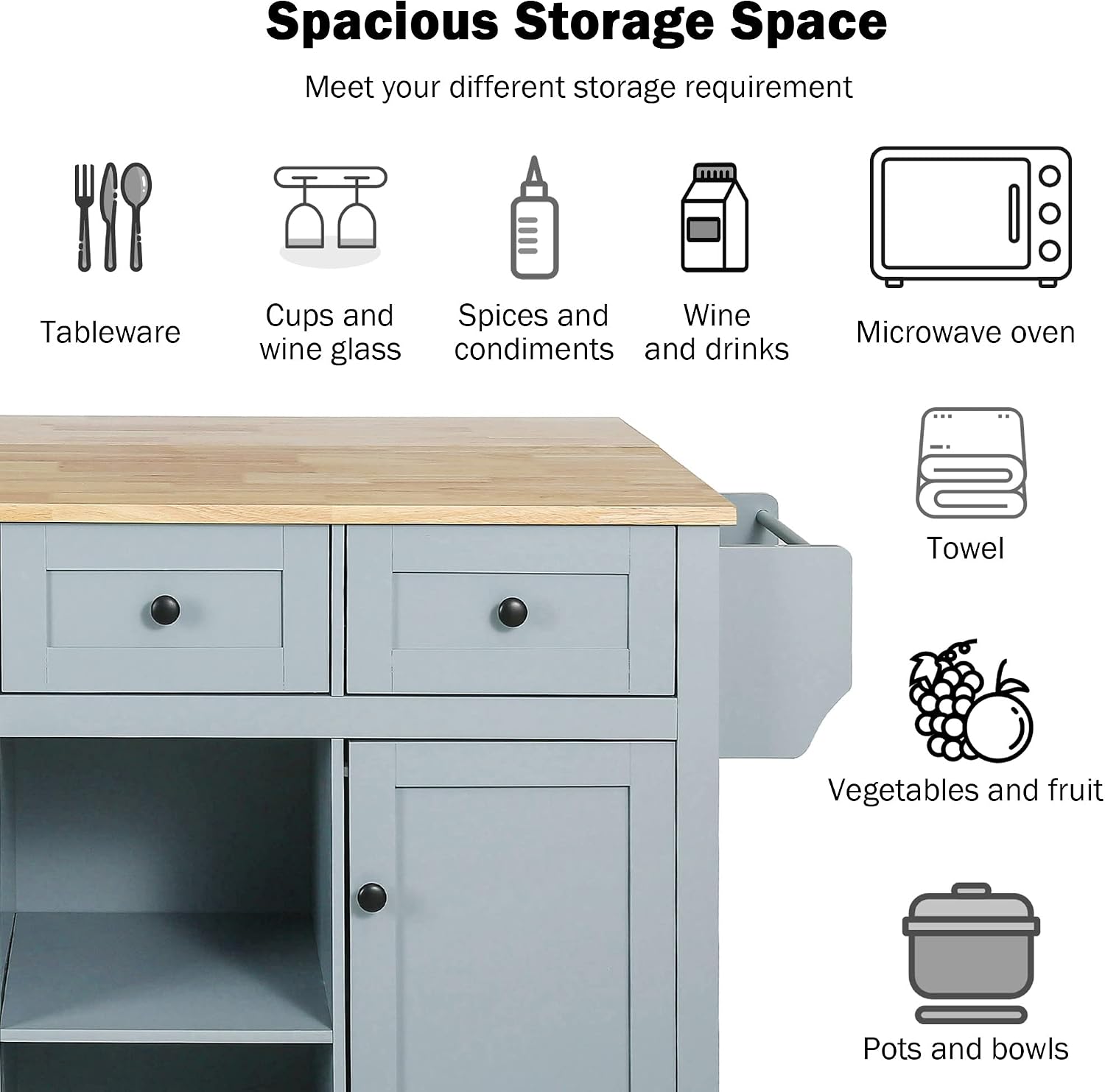 Modern Kitchen Island on 5 Wheels with Storage Cabinet and Drop-Leaf Countertop, Kitchen Cart with Cabinet Door Internal Storage Racks and 3 Drawers for Dinning Room (Grey Blue#M)