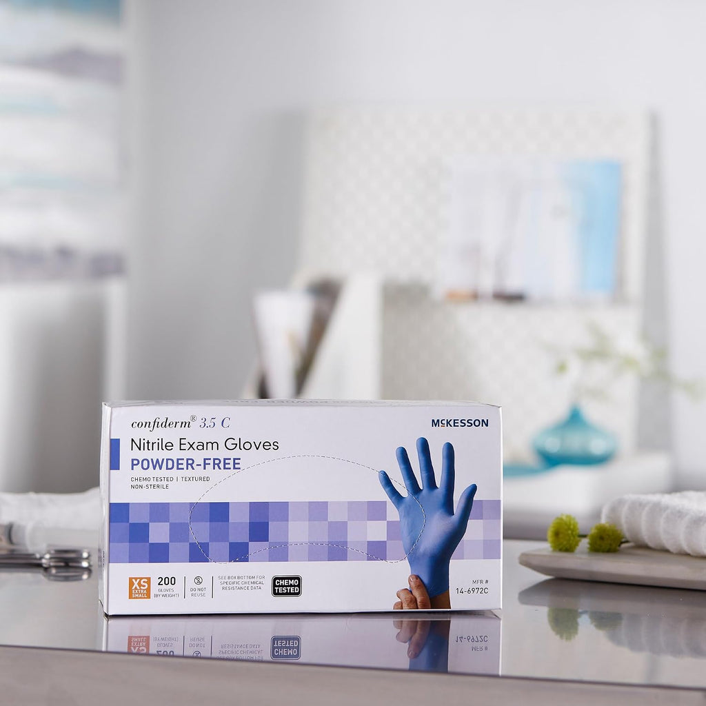 McKesson Confiderm 3.5C Nitrile Exam Gloves - Powder-Free, Latex-Free, Ambidextrous, Textured Fingertips, Chemo Tested, Non-Sterile - Blue, Size XS, 200 Count, 10 Boxes, 2000 Total