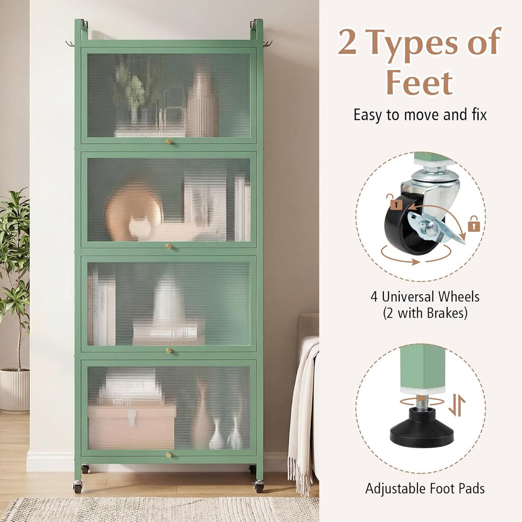 Giantex 5-Tier Kitchen Storage Cabinet, Freestanding Metal Pantry Cabinet w/ 4 Flip-up PC Doors, 4 Hooks & Adjustable Feet, 60' Tall Bakers Rack Microwave Stand for Dining Room, Living Room, Green