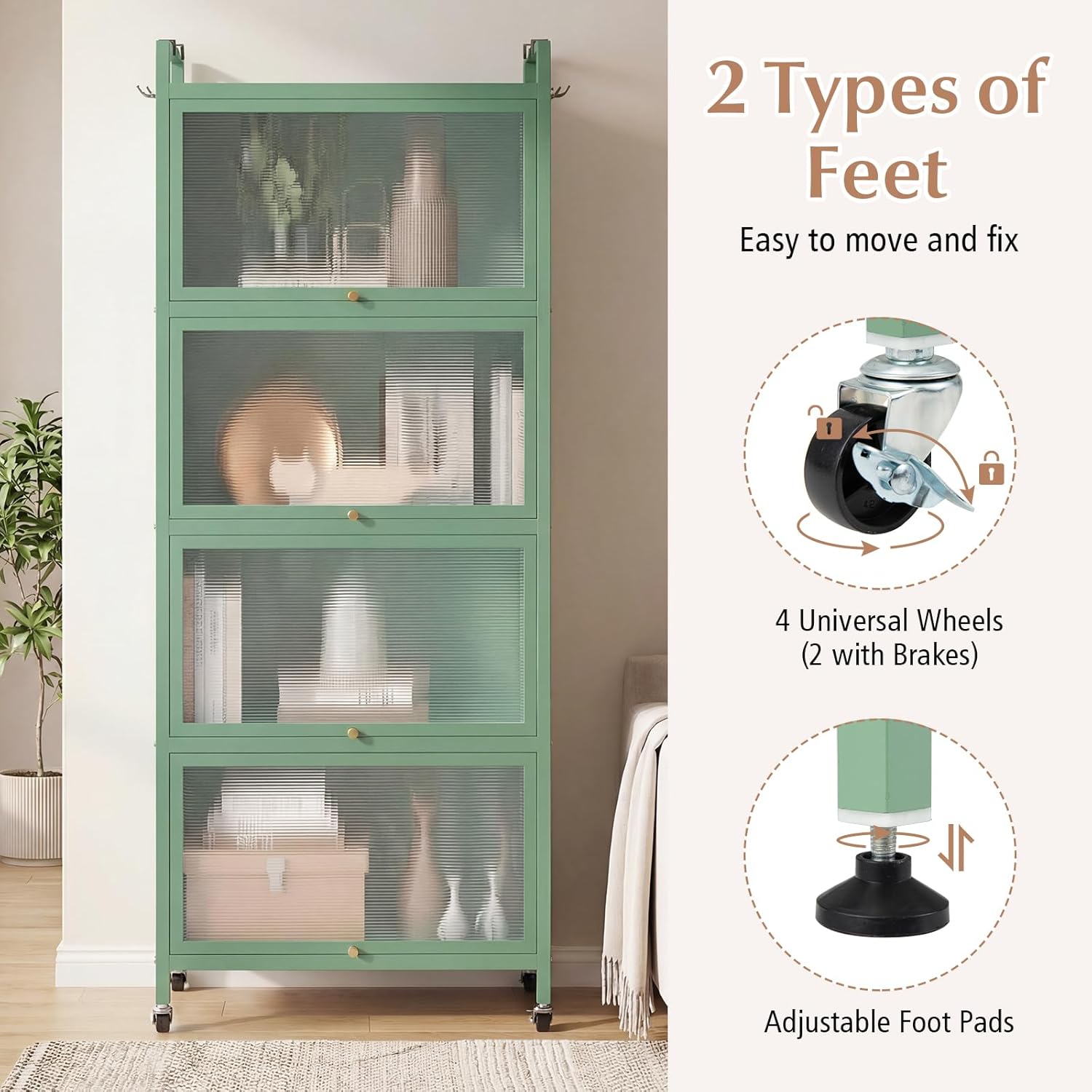 Giantex 5-Tier Kitchen Storage Cabinet, Freestanding Metal Pantry Cabinet w/ 4 Flip-up PC Doors, 4 Hooks & Adjustable Feet, 60' Tall Bakers Rack Microwave Stand for Dining Room, Living Room, Green