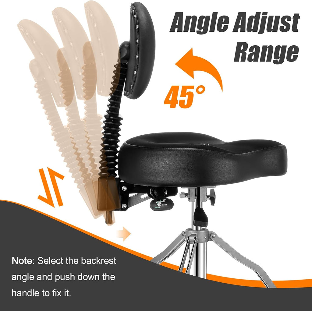 TENTOTEN Drum Throne with Backrest,Drum Stool for Adults|Hydraulic Drum Throne with 45°Angle Adjustable Back,Heavy Duty Drum Seat for Professional Drummers