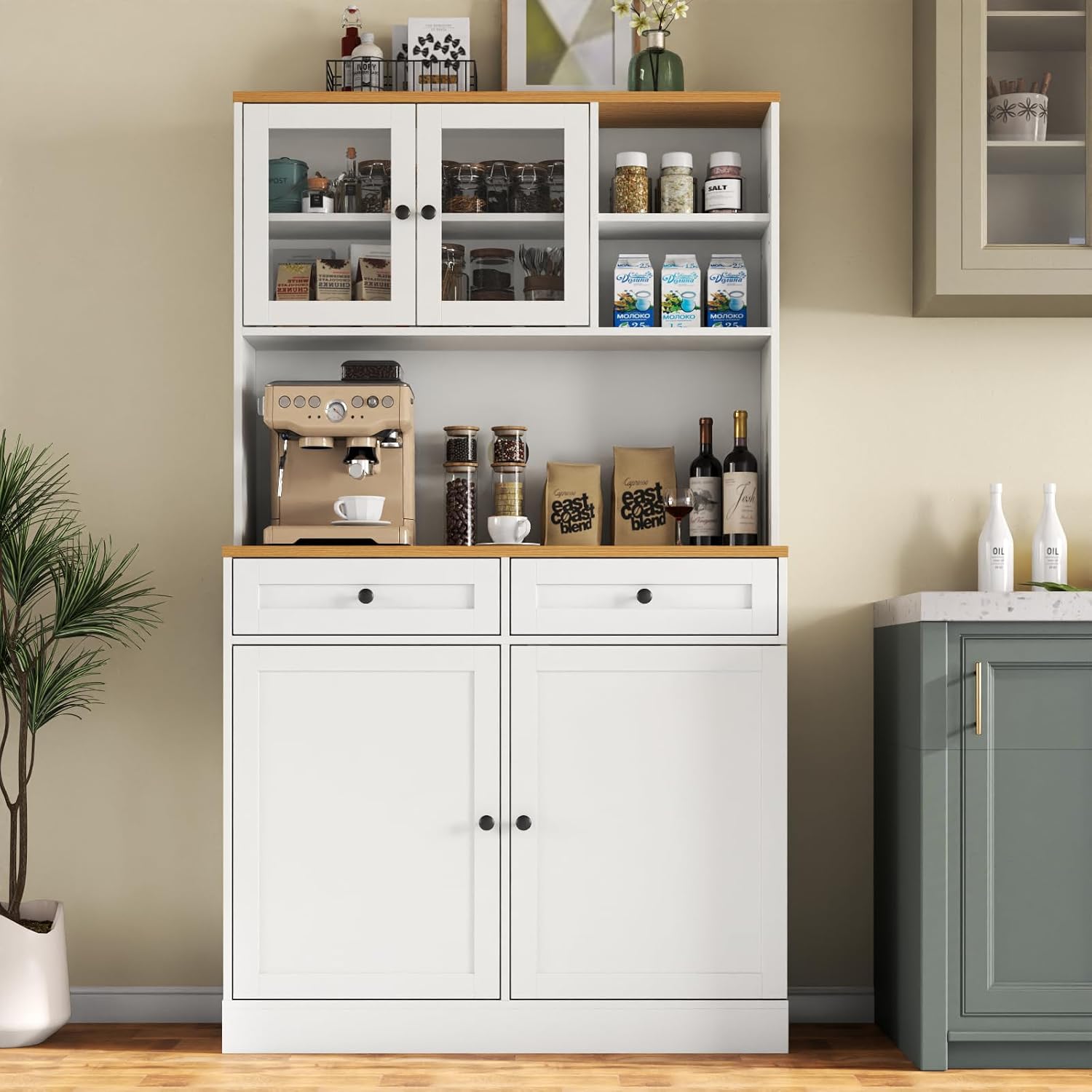 Tall Pantry Cabinet, Modern Kitchen Hutch with Microwave Stand, Kitchen Pantry Storage Cabinet with 2 Darwers & Door Shelf, Food Pantry with Glass Doors & Adjustable Shelves for Dining Room, White