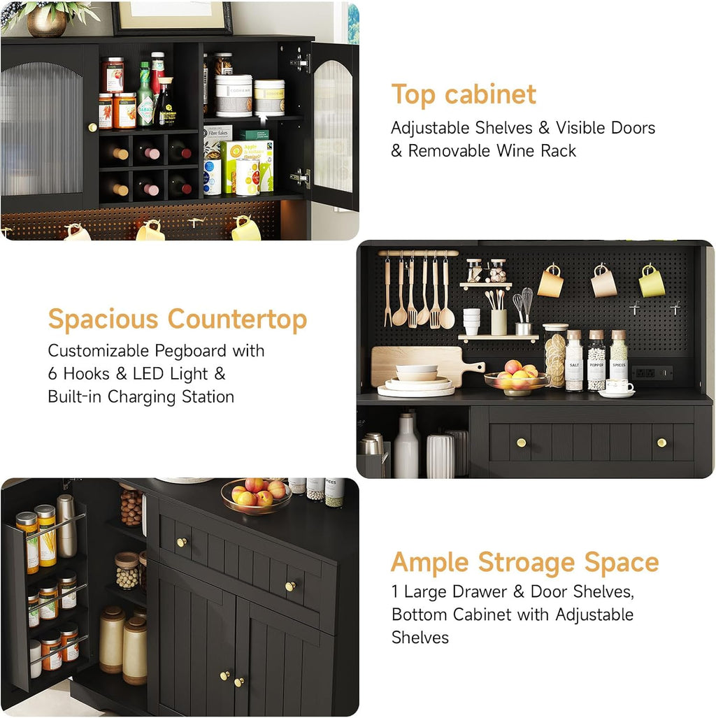 ONBRILL 71' Kitchen Pantry Cabinet with Microwave Shelf & Door Shelves, Kitchen Hutch with Outlet & LED Light, Wood Pantry Storage with DIY Pegboard & 6 Hook, Modern Cabinet with Drawer & Wine Rack