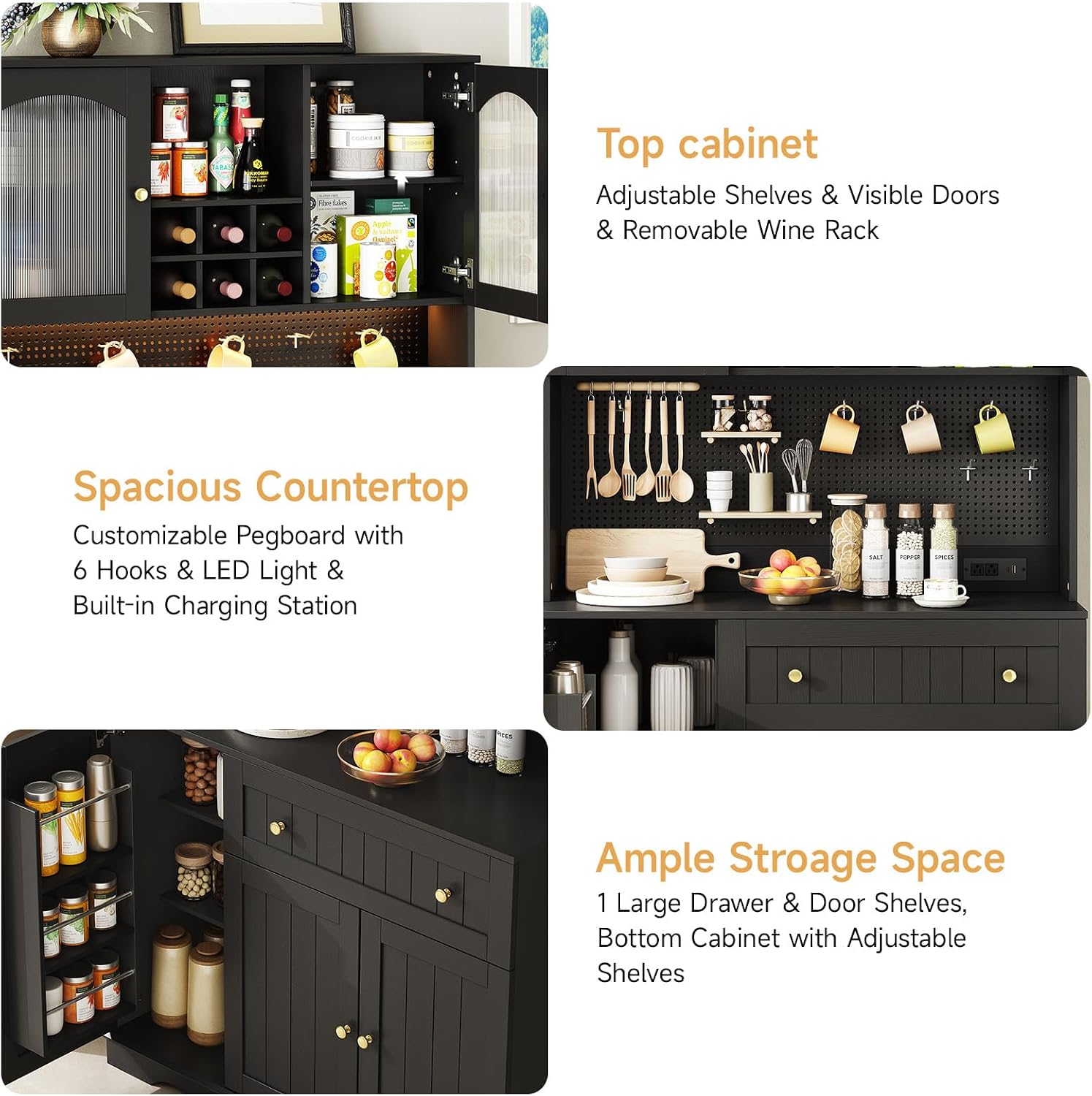 ONBRILL 71' Kitchen Pantry Cabinet with Microwave Shelf & Door Shelves, Kitchen Hutch with Outlet & LED Light, Wood Pantry Storage with DIY Pegboard & 6 Hook, Modern Cabinet with Drawer & Wine Rack