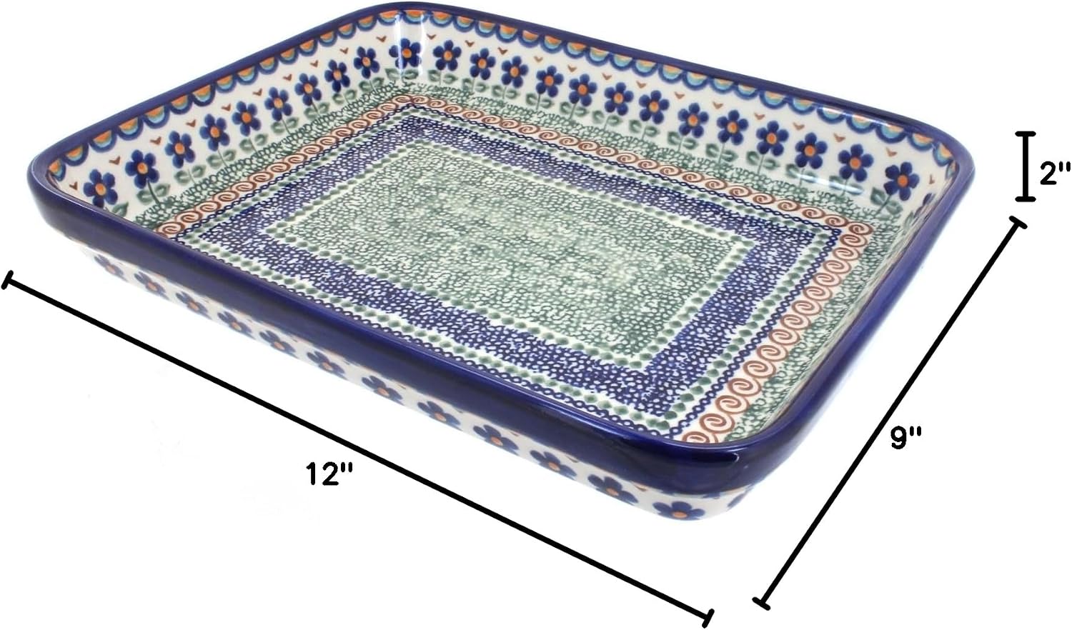 Blue Rose Polish Pottery - Brown Aztec Flower Medium Rectangular Baker - 12' x 9.25' - Unique, Dishwasher Safe, & Durable Bakeware