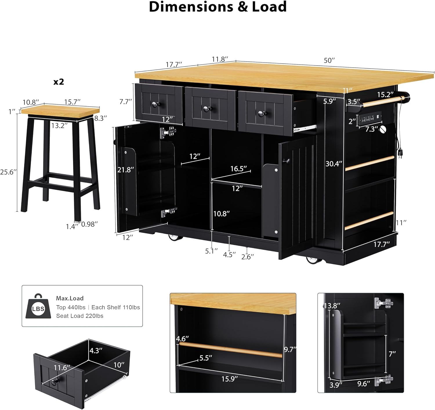 Large Kitchen Island Cart on 5 Wheels with 2 Bar Stools, Power Outlet, 3 Drawers, Kitchen Storage Cart with 5 Open Side Racks, Drop Leaf for Kitchen, Dining Room, Home Bar Black