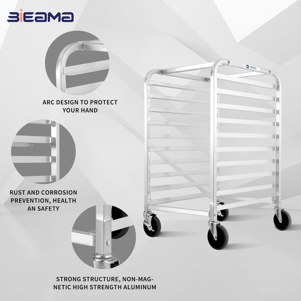 BIEAMA 10-Tier Sheet Pan Rack, NSF Bun Pan Rack, Aluminum Bakery Rack, Home Commercial Kitchen Bakery Cooling, 4 Wheels