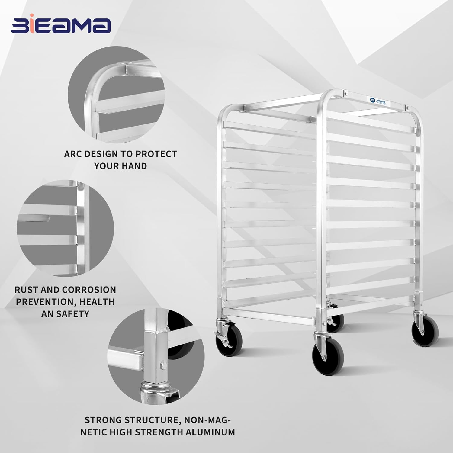 BIEAMA 10-Tier Sheet Pan Rack, NSF Bun Pan Rack, Aluminum Bakery Rack, Home Commercial Kitchen Bakery Cooling, 4 Wheels