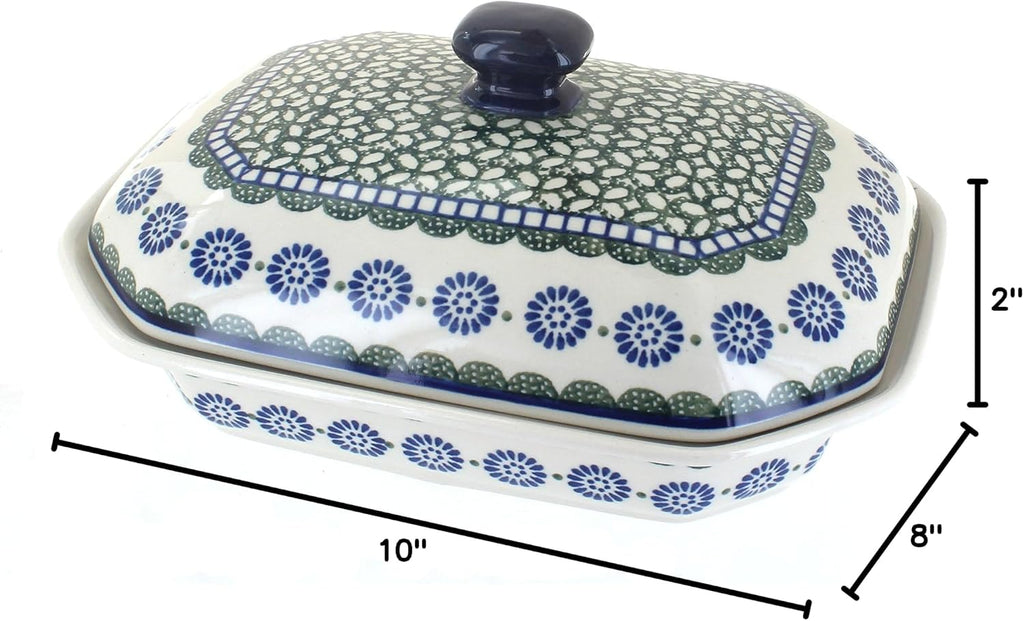 Blue Rose Polish Pottery - Green Maia Medium Covered Baker - 3 Cup Capcaity - Unique, Dishwasher Safe, & Durable Bakeware