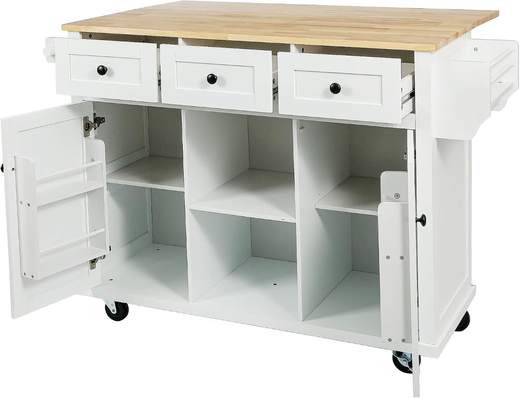 Modern Kitchen Island on 5 Wheels with Storage Cabinet and Drop-Leaf Countertop, Kitchen Cart with Cabinet Door Internal Storage Racks and 3 Drawers for Dinning Room (White#M)