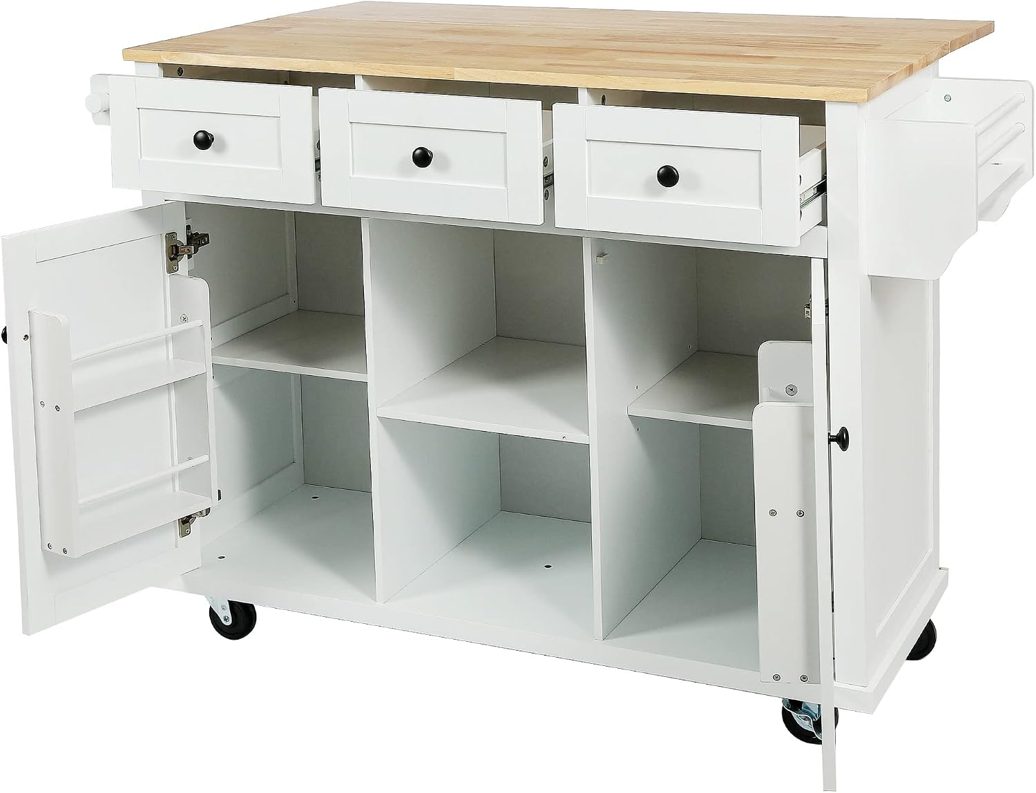 Modern Kitchen Island on 5 Wheels with Storage Cabinet and Drop-Leaf Countertop, Kitchen Cart with Cabinet Door Internal Storage Racks and 3 Drawers for Dinning Room (White#M)