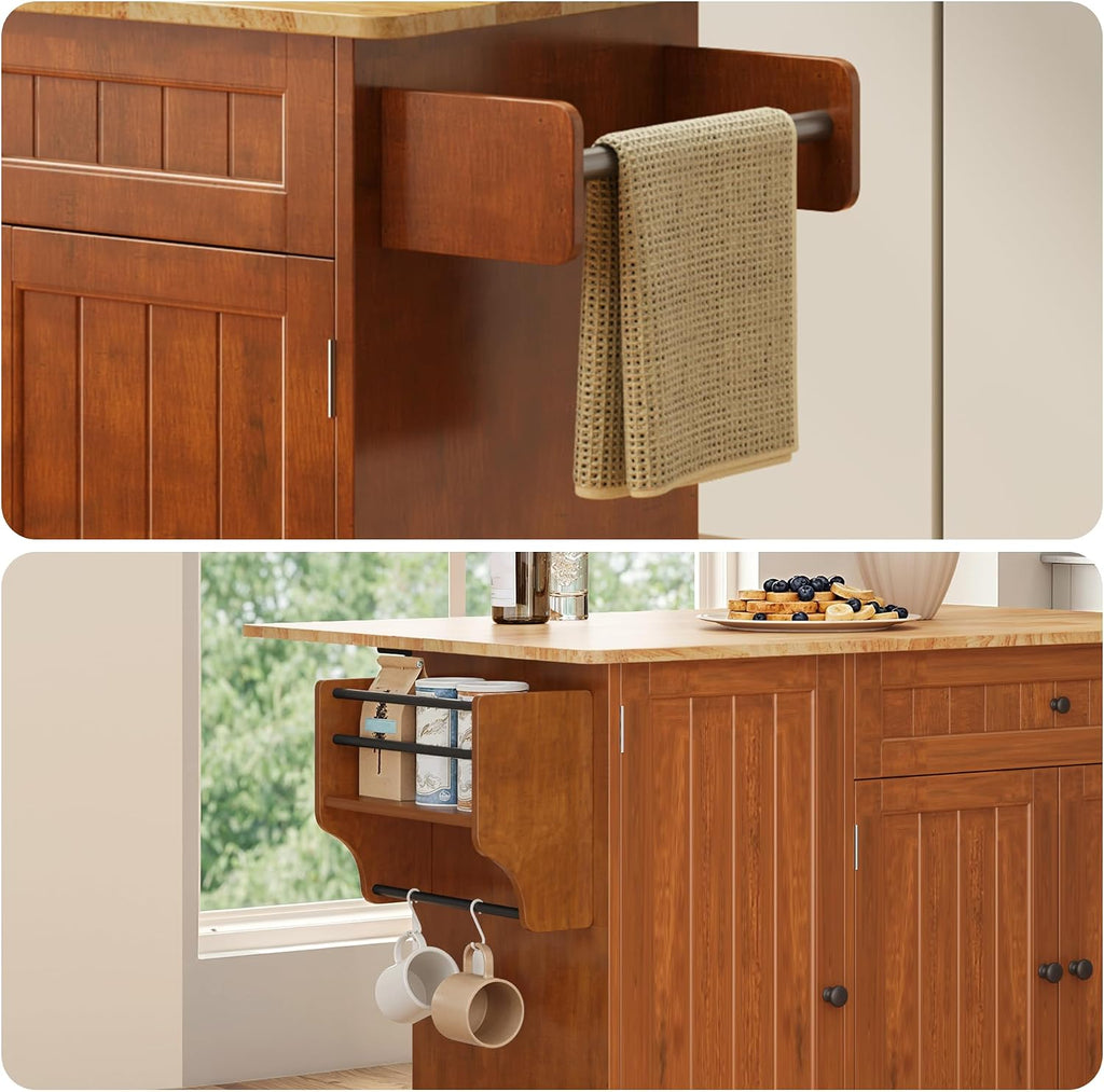 Ahomly Kitchen Island with Storage, Rolling Kitchen Island on Wheels with Drop Leaf, Interal Storage Rack, a Drawer, Spicy Rack and Towel Bar, Mobile Island Table for Kitchen, Brown