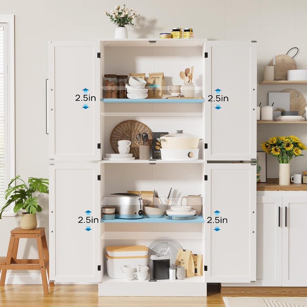 MHOM 71' Tall White Pantry Cabinet, Farmhouse Storage Cabinet with 4 Doors and Adjustable Shelves, Freestanding Pantry for Dining Room, Kitchen, and Living Room