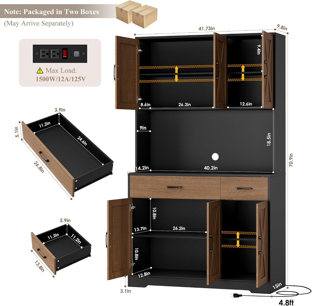HOSTACK 71' Pantry Cabinet with Charging Station, Tall Kitchen Pantry Storage Cabinet with Microwave Stand, Farmhouse Kitchen Hutch with Storage Drawers for Living Room, Dining Room, Brown/Black