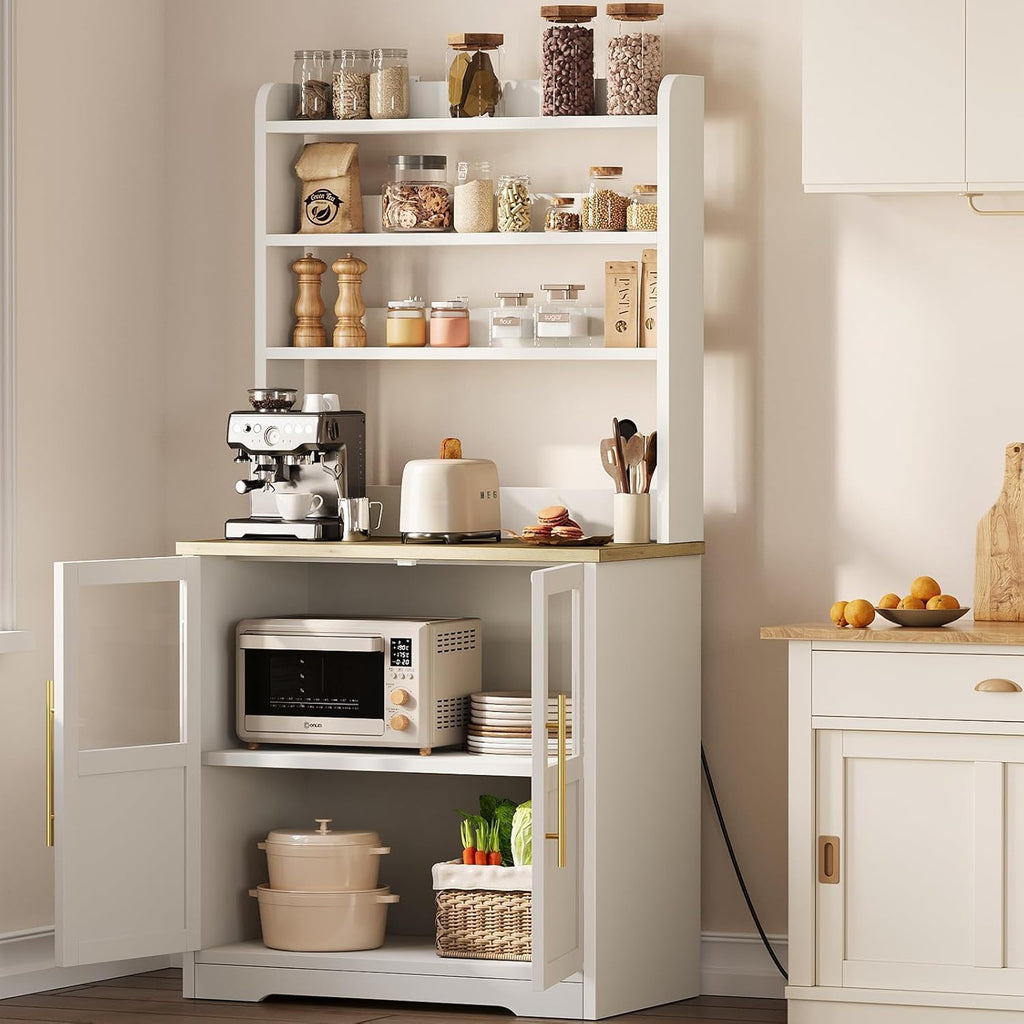 6-Tier Kitchen Bakers Rack With Power Outlet Bakers Rack With Storage Cabinet Microwave Oven Stand Pantry Hutch With Door Tall Versatile Storage Shelf With Thick Tabletop Farmhouse Coffee Bar Cabinet