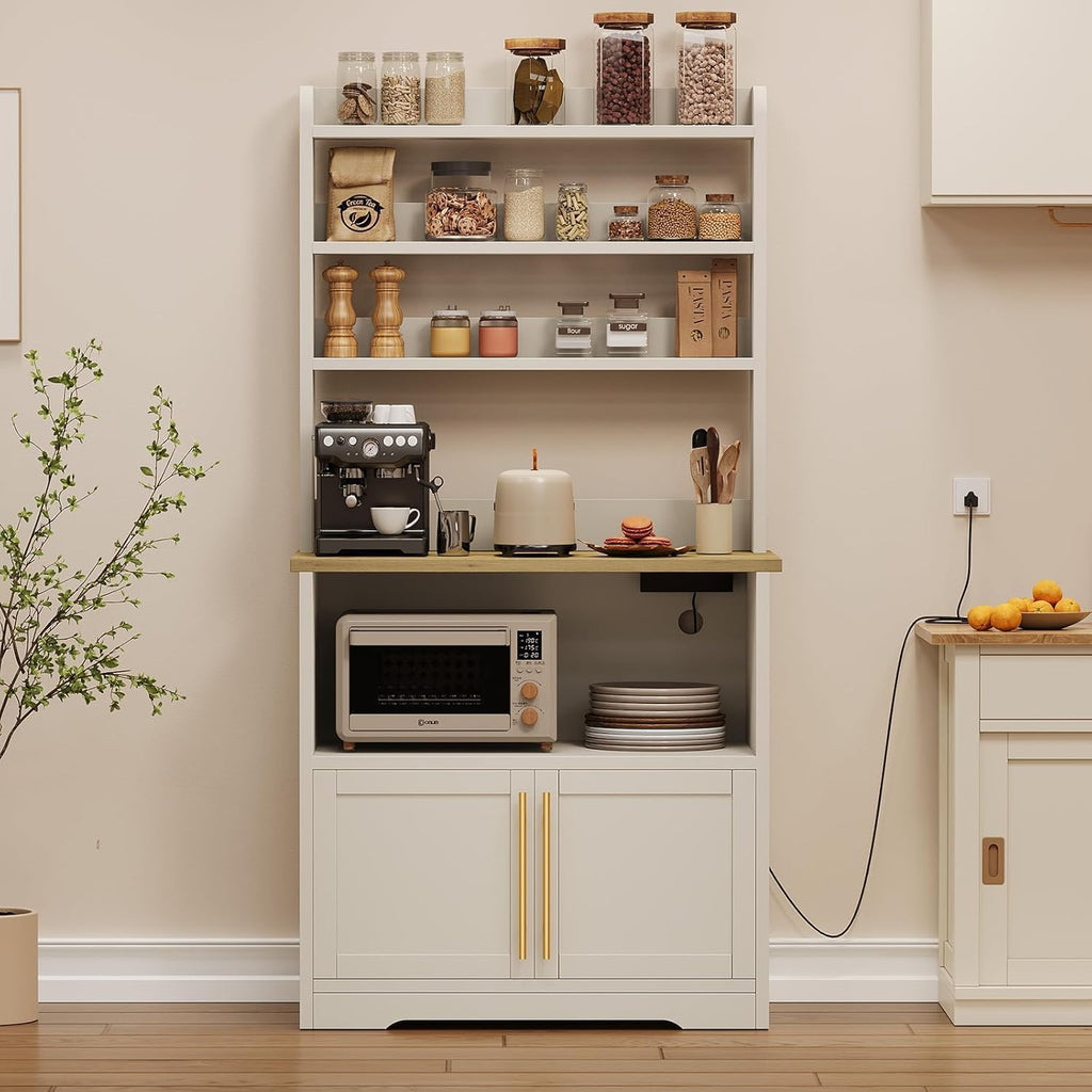 Tall Large Storage Cabinet Kitchen Microwave Stand with Storage, 4-Tier Bakers Rack with Power Outlet, Cupboard, Floor Cabinet for Living Room, Rustic White,