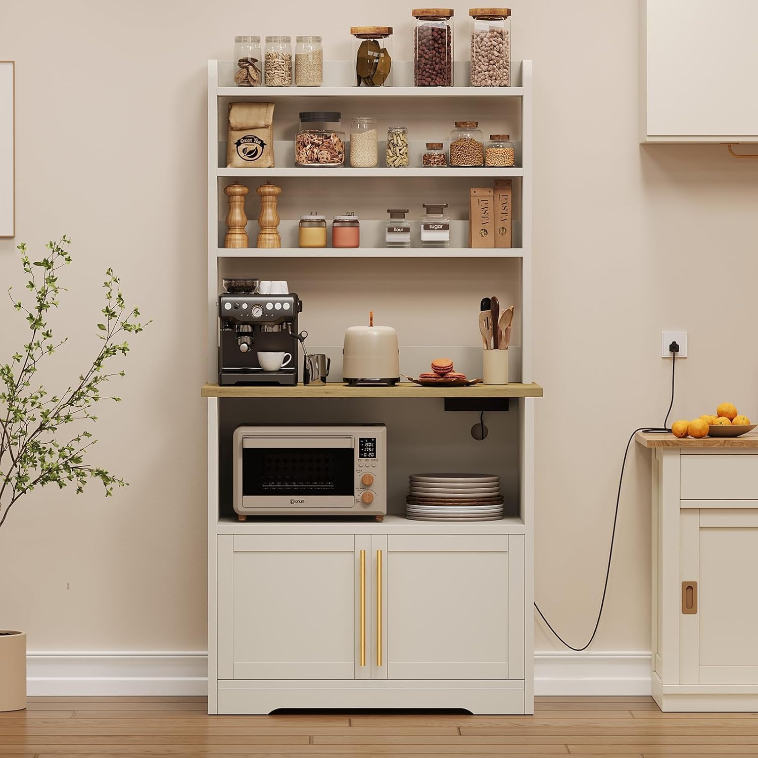 Tall Large Storage Cabinet Kitchen Microwave Stand with Storage, 4-Tier Bakers Rack with Power Outlet, Cupboard, Floor Cabinet for Living Room, Rustic White,