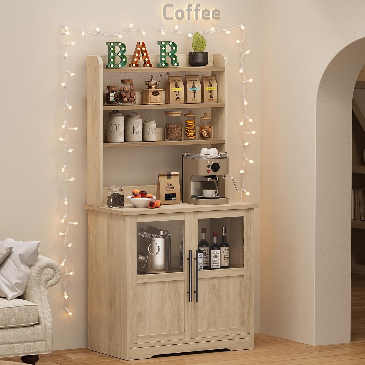Kitchen Bakers Rack with Storage Cabinet, Microwave Stand with Power Outlets, Coffee Bar Station Shelves for Kitchen Dining Living Room