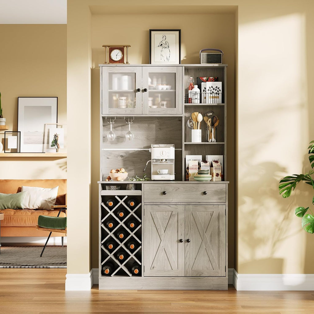 Coffee Bar Cabinet with Power Outlet & Exquisite Barn Doors, Sideboard Buffet Cabinet with Wine Bottle Rack, Storage Cabinet for Kitchen, Dining Room